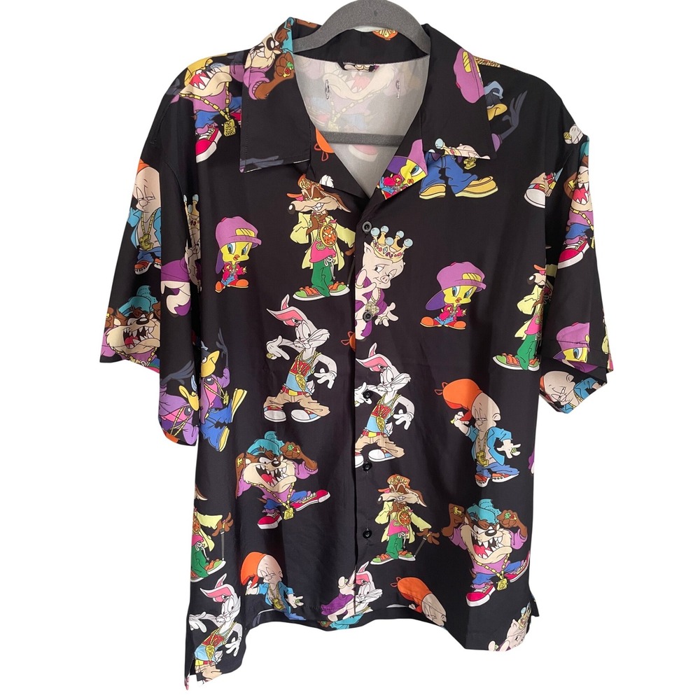 Looney Tunes Hip Hop Characters All Over Print Button Up Shirt Black Mens XL